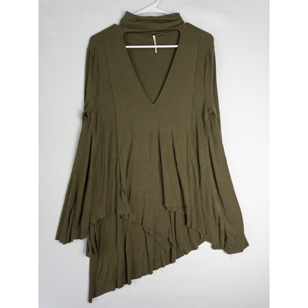 Free People Assymetrical Sweater Womens S Green Knit Pullover‎ Turtle Neck Rayon